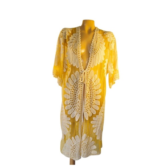Siren Lily Maternity Cover Up Tie Front Kimono Sheer Floral Lace Yellow Medium - Picture 1 of 8